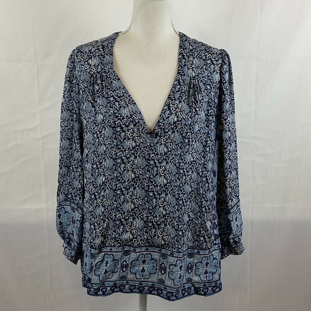 Joie Blouse L Blue Gray White Floral Damask V-Neck Long Sleeve Silk